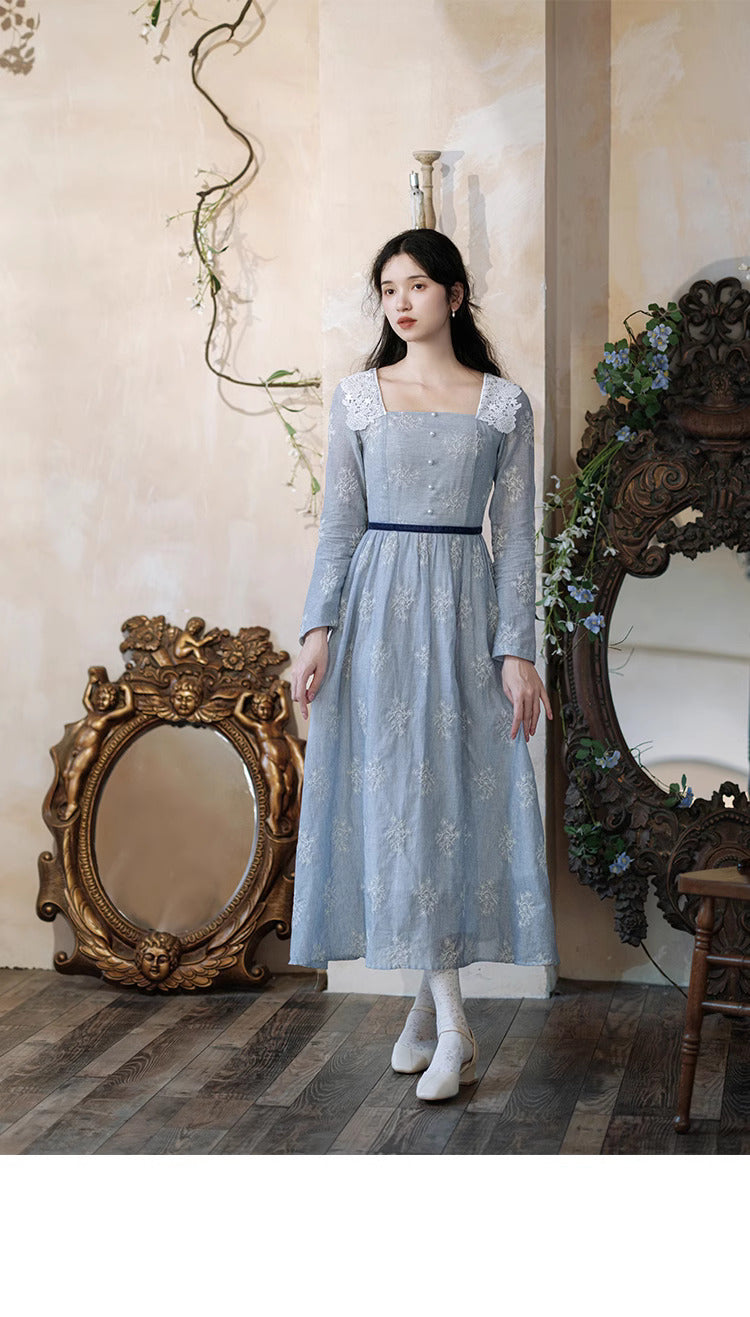 Retro French Lace Trim Embroidered Dress