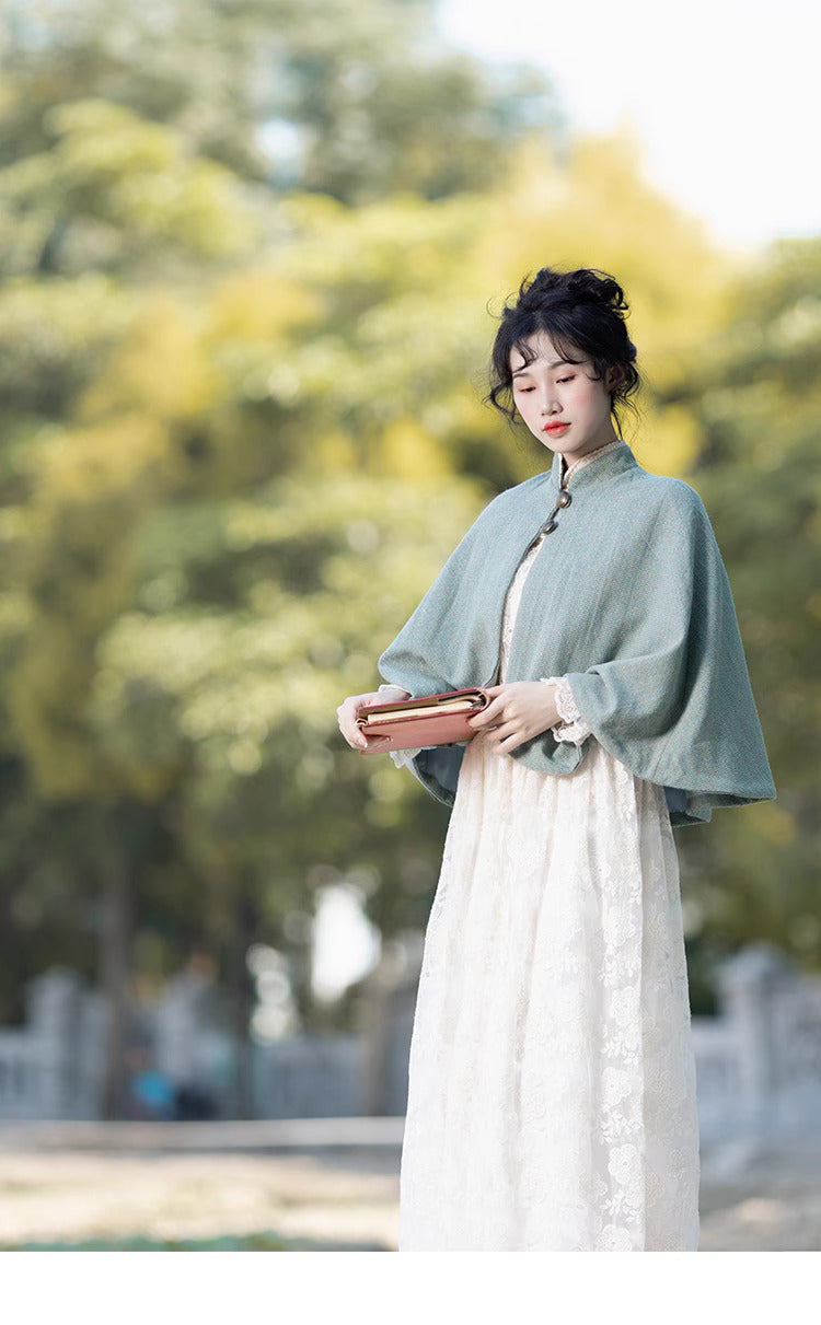 Period Drama Style Blue Vintage Cape Top