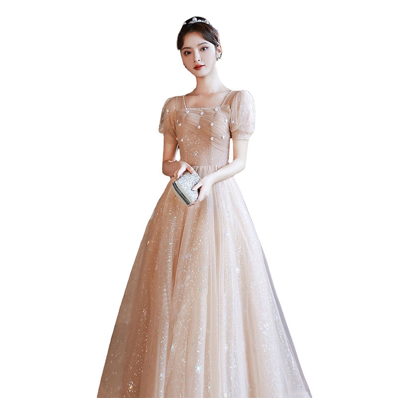 Puff Sleeves Studded Lace up Prom Dress