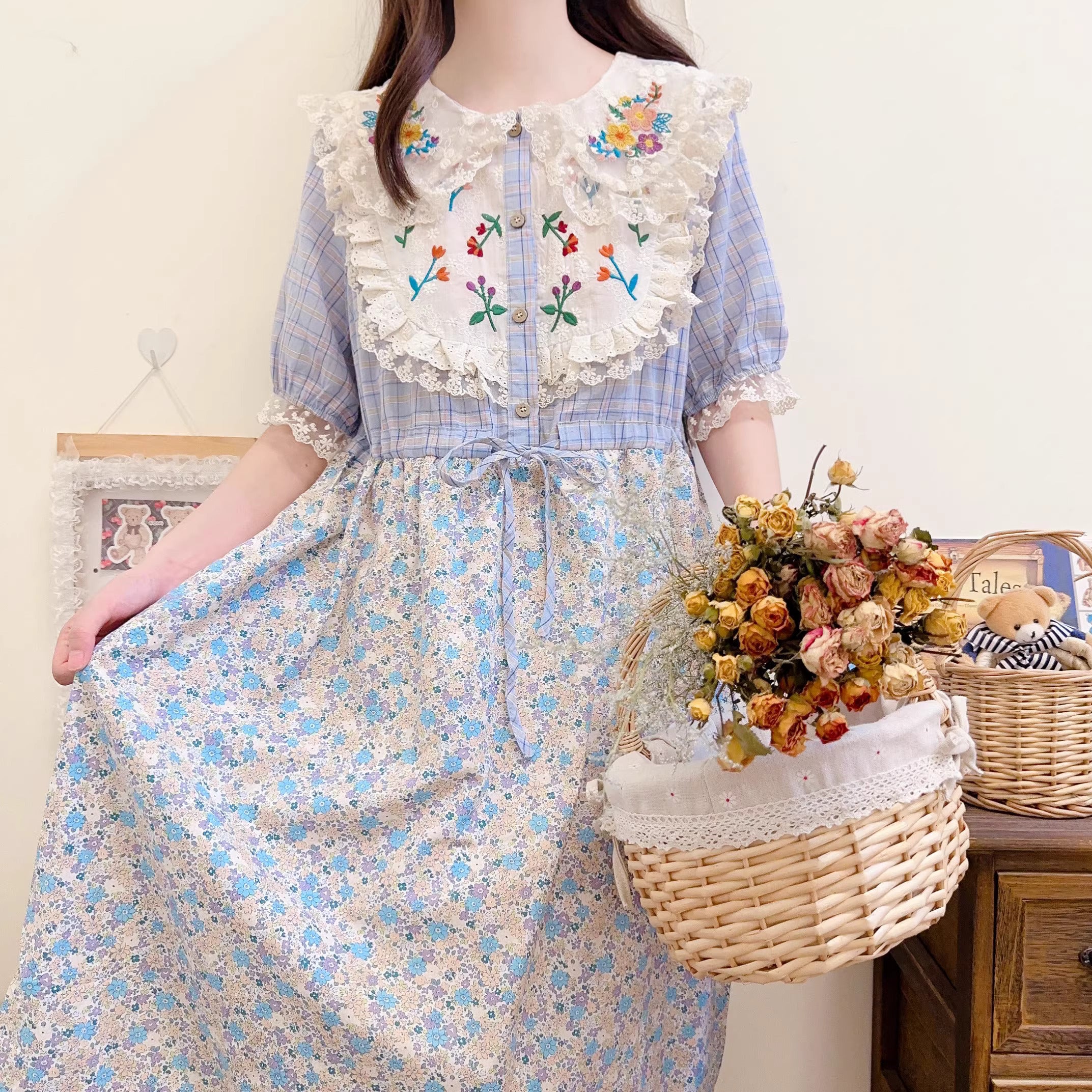 Cottagecore Embroidery Lace Panel Floral Cotton Dress