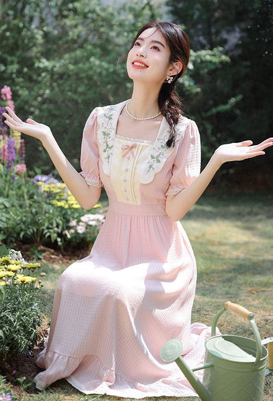 Retro Cottagecore Embroidery Pink Dress