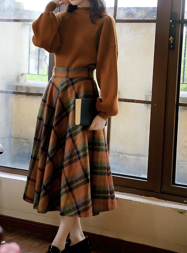 Retro Style Knit Top Plaid Skirt Set