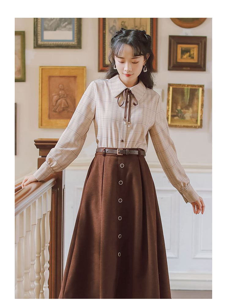 Retro Light Academia Shirt Skirt Set