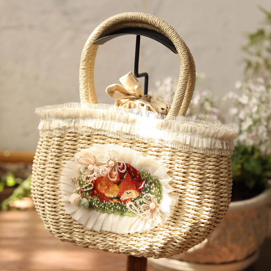 Cottagecore Deer Embroidery Straw Bag