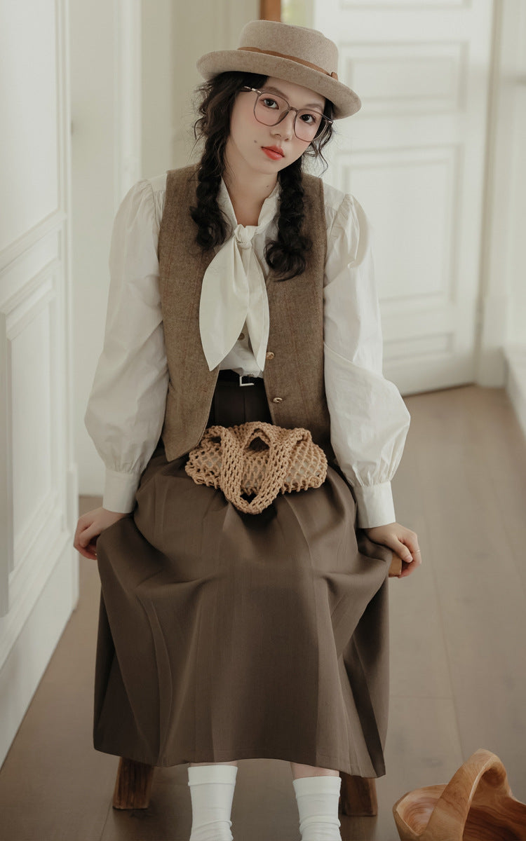 Light Academia Blouse Vest Skirt Set