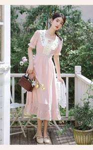 Retro Cottagecore Embroidery Pink Dress