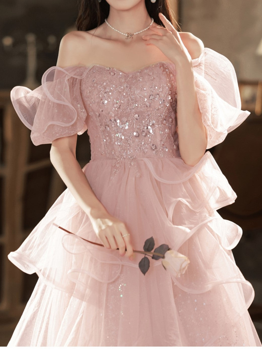 Fairycore Sequin Pink Princess Prom Dress Gown