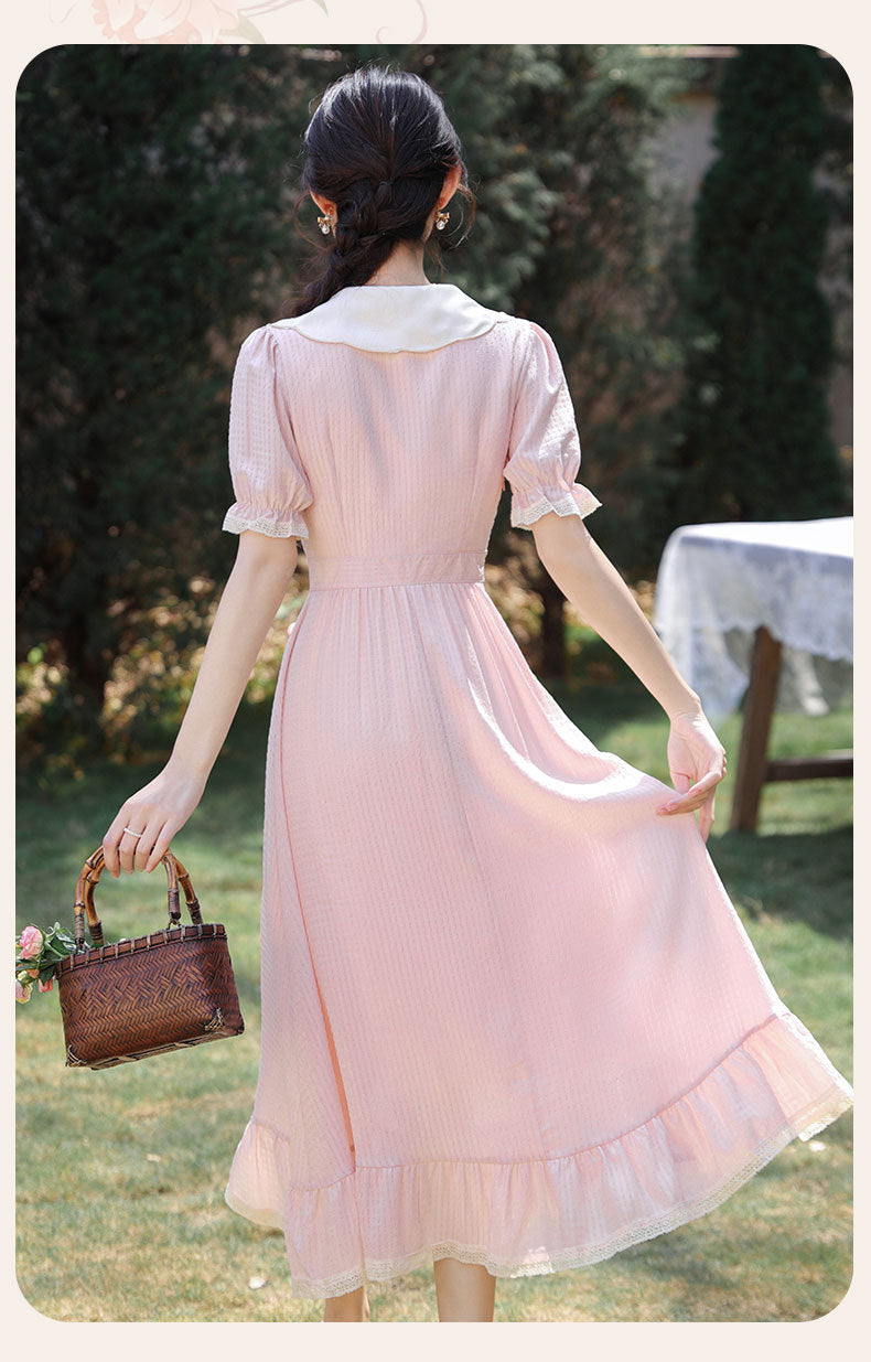 Retro Cottagecore Embroidery Pink Dress