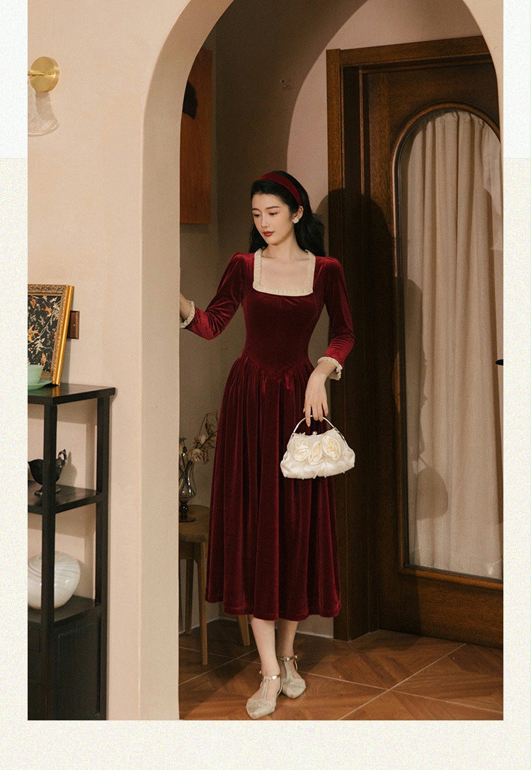 Vintage Square Collar Velvet Dress