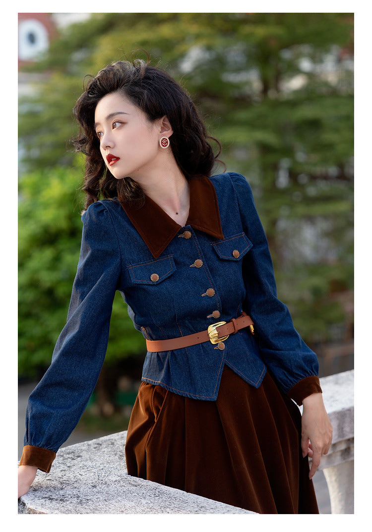 Retro 50s Denim Velvet Skirt Set