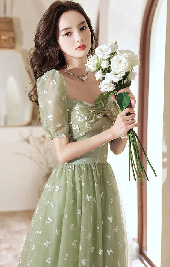 Puff Sleeves Green Prom Dress