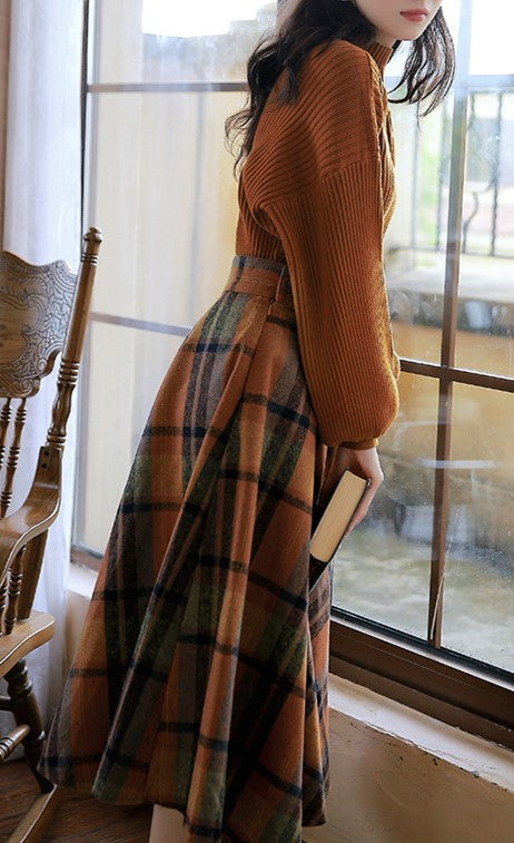 Retro Style Knit Top Plaid Skirt Set