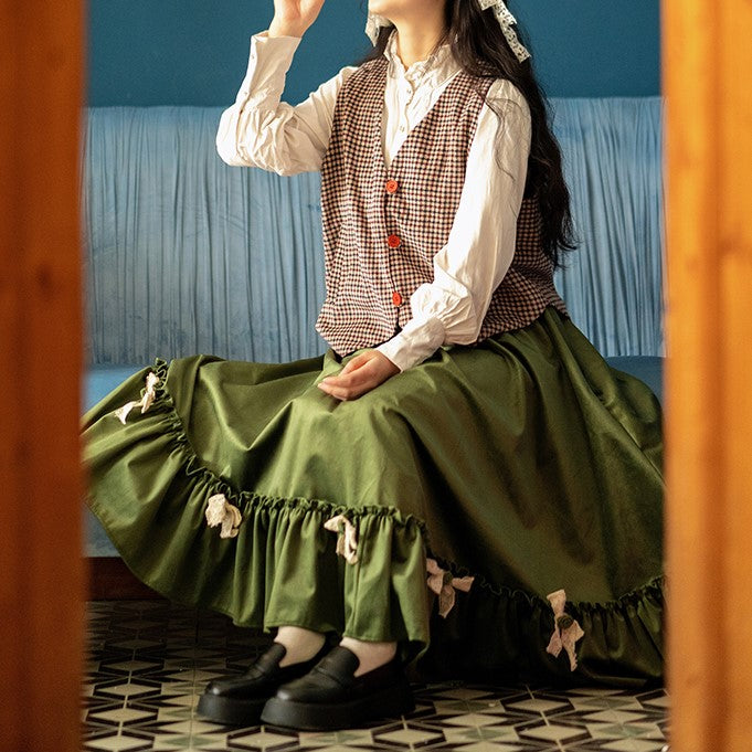 Retro Green Velvet Bow Tie Skirt