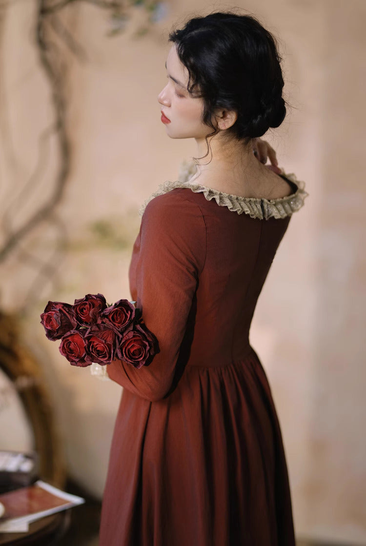 Period Drama Lace Collar High Waist Dress