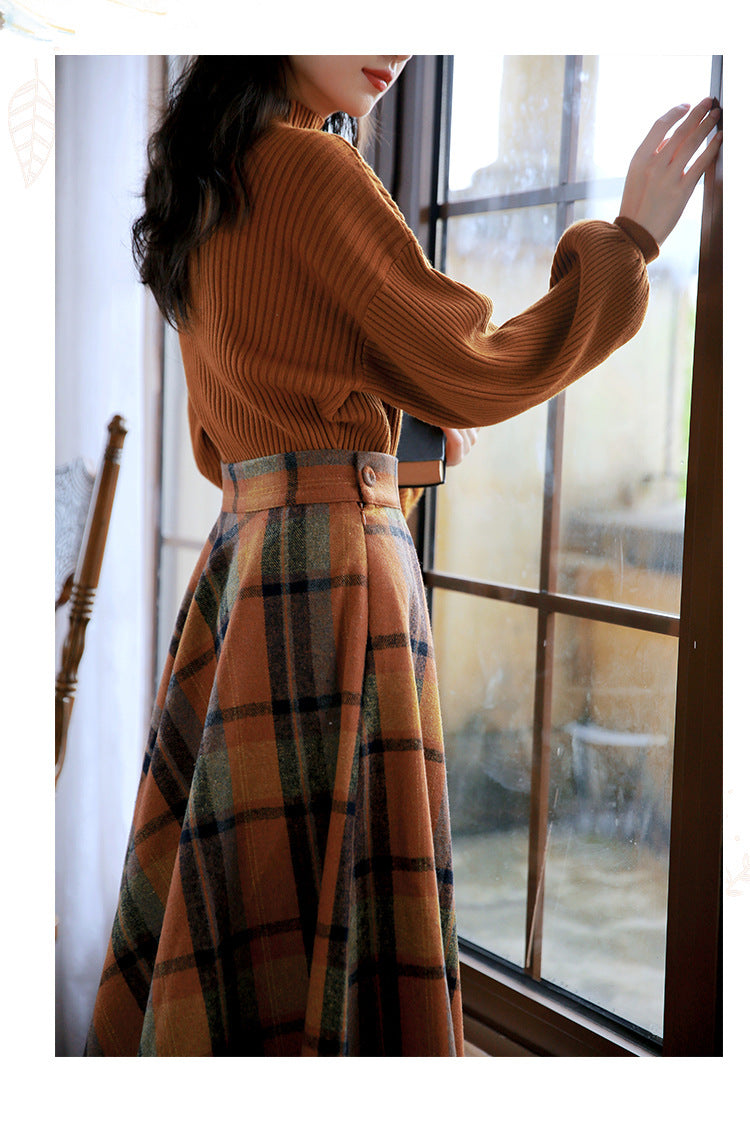 Retro Style Knit Top Plaid Skirt Set