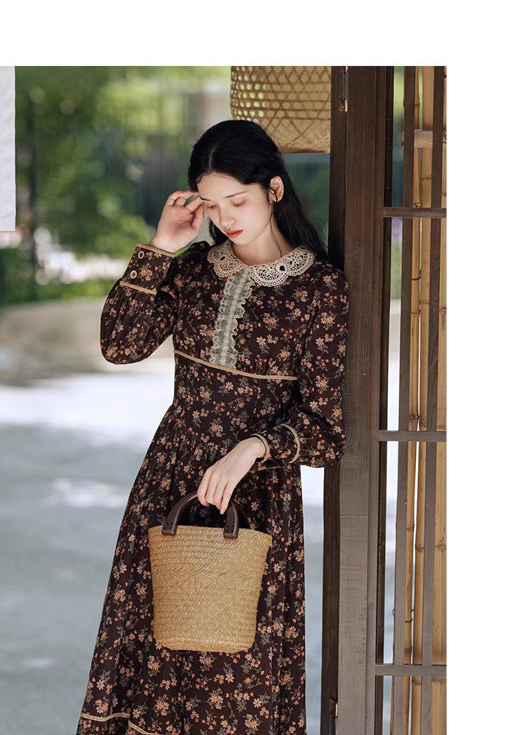 Cottagecore Floral Lace Collar Vintage Dress