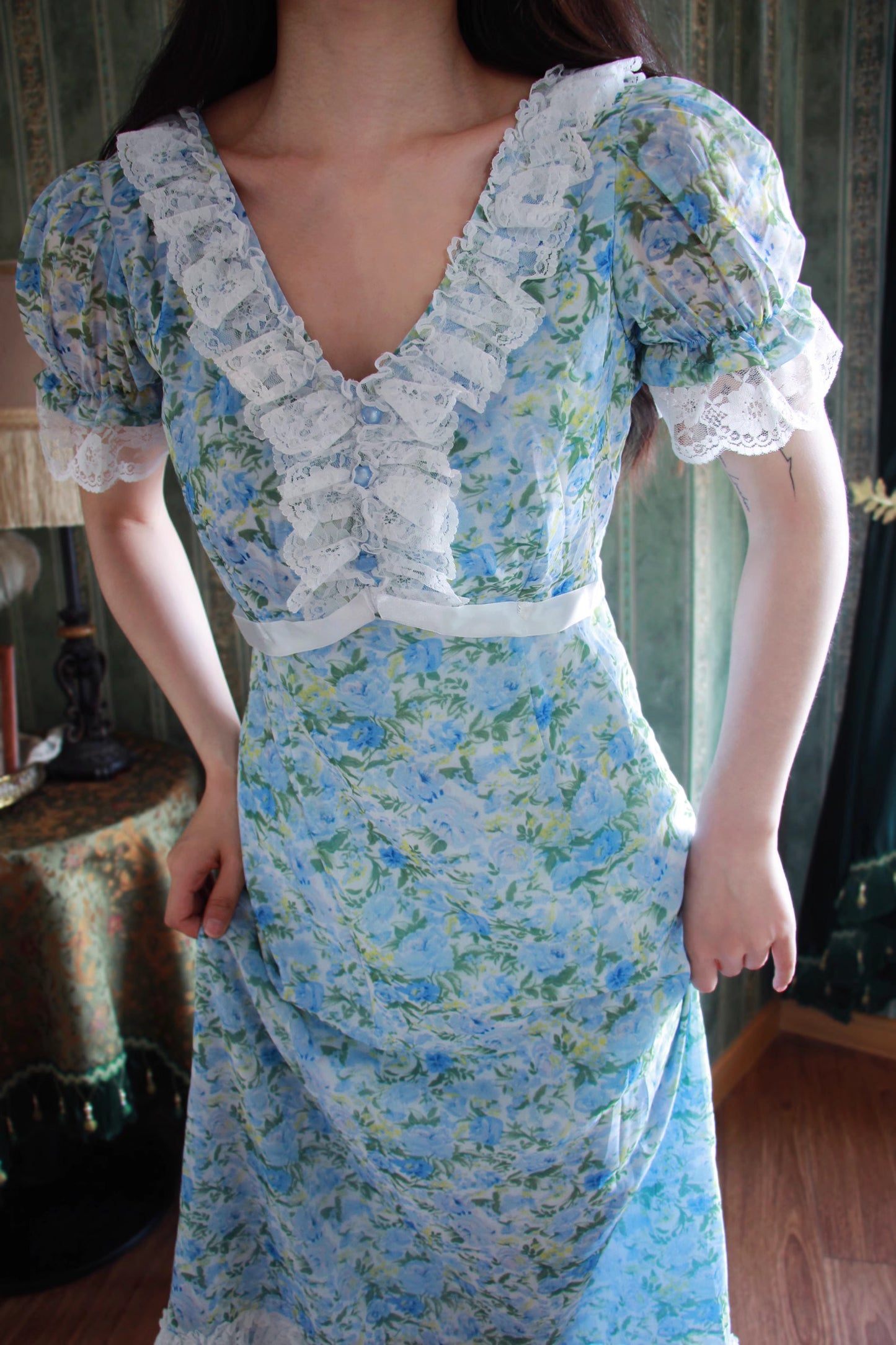 Vintage Remake Floral Regency Dress