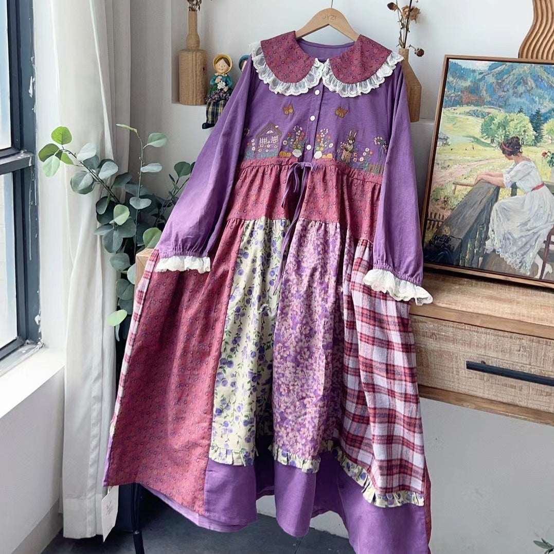 Cottage Embroidery Contrast Colors Dress