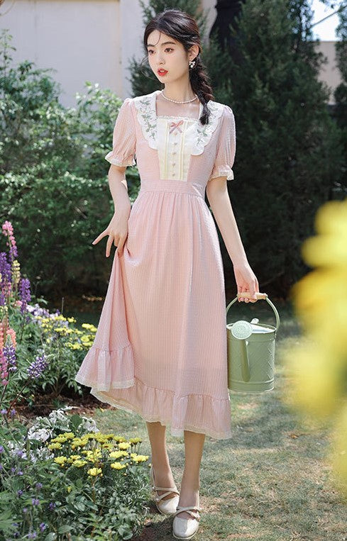 Retro Cottagecore Embroidery Pink Dress