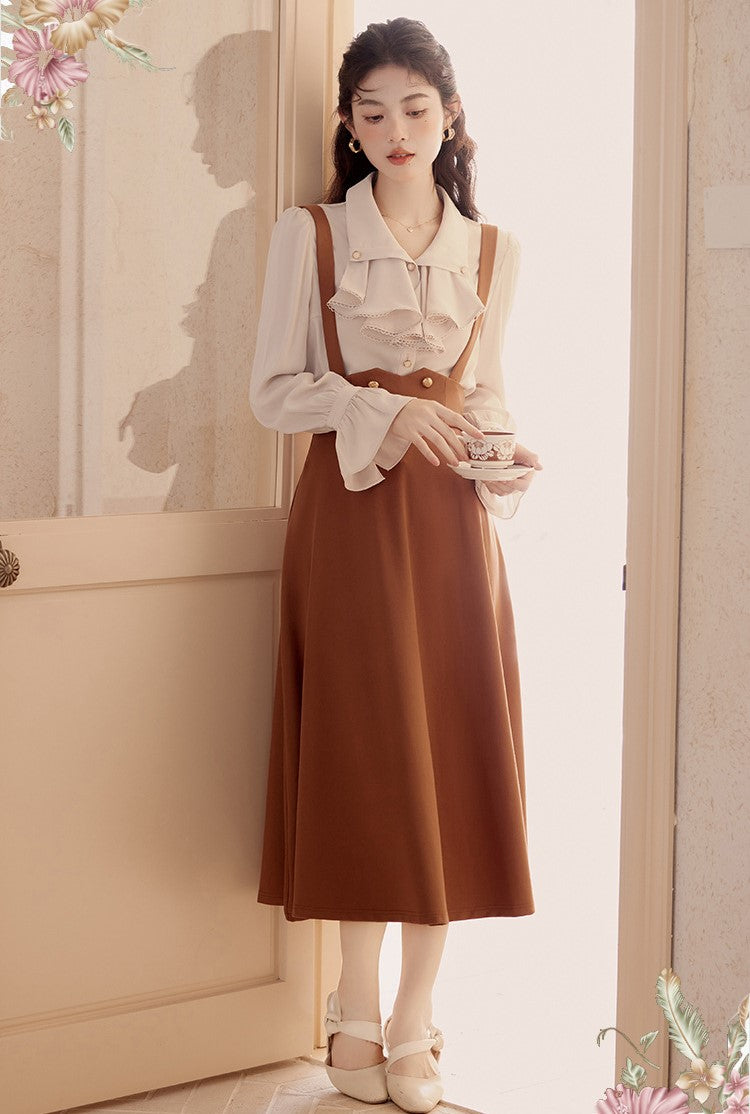 Retro Light Academia Blouse Skirt Set