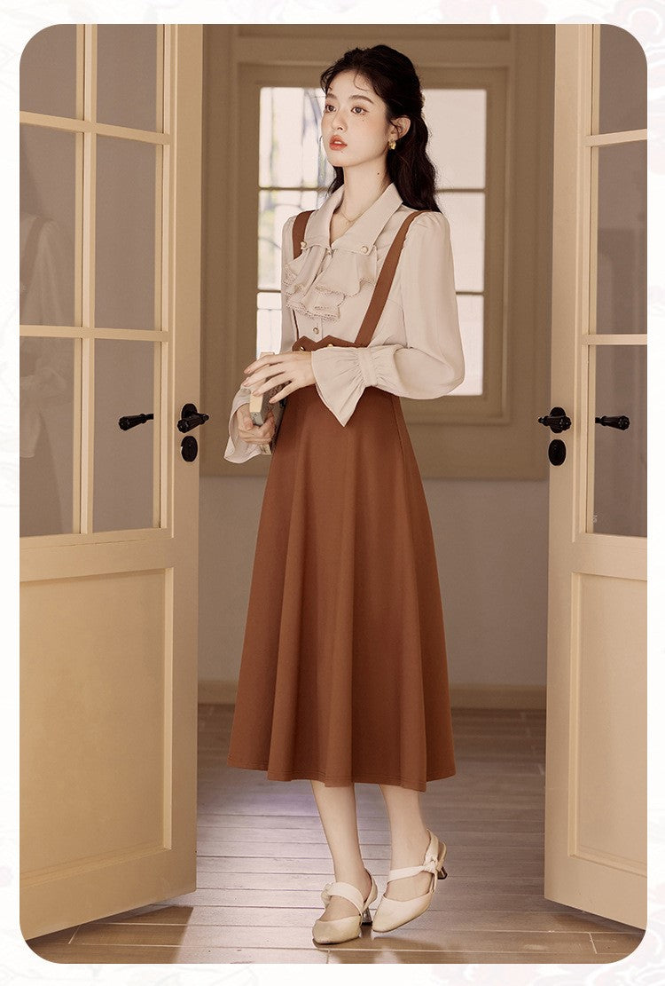 Retro Light Academia Blouse Skirt Set