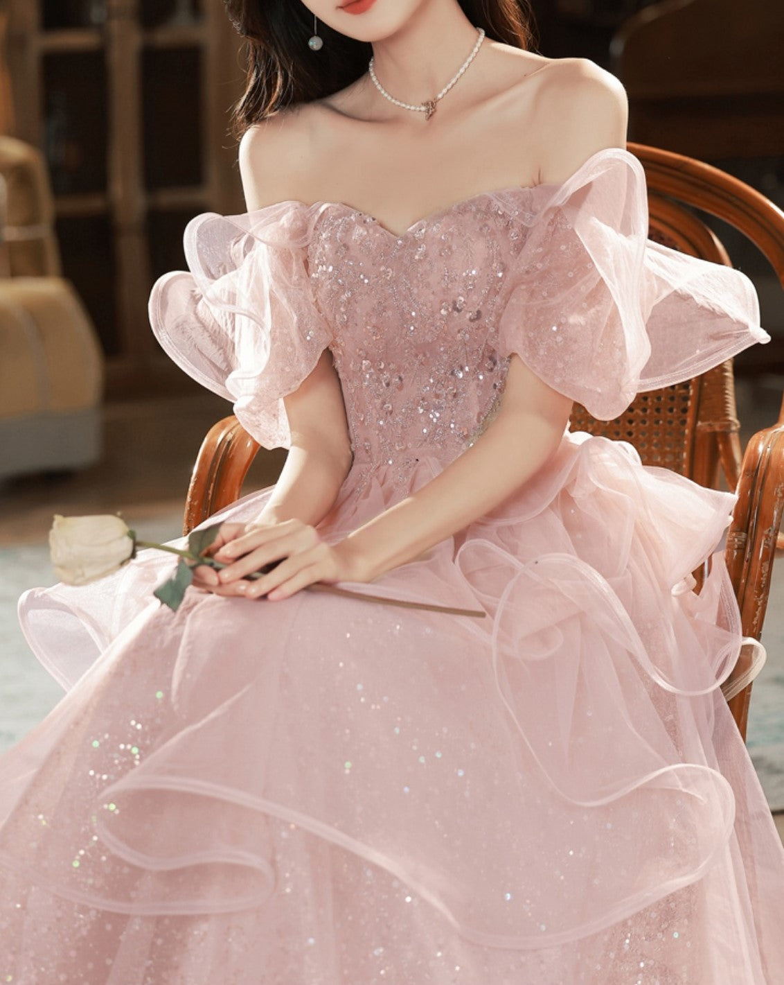 Fairycore Sequin Pink Princess Prom Dress Gown