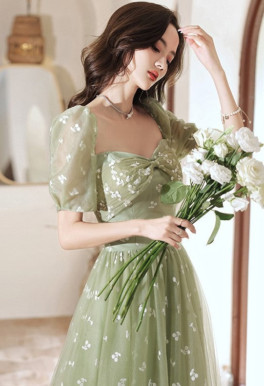 Puff Sleeves Green Prom Dress