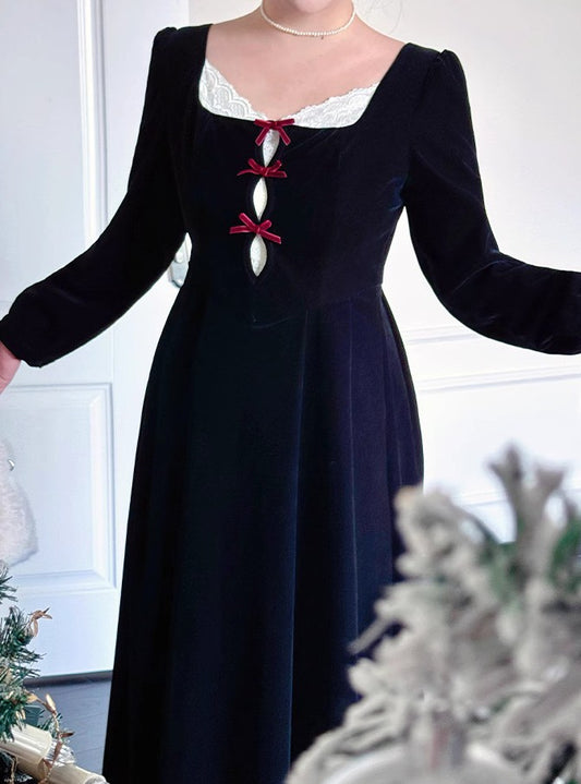 Retro Bow Tie Black Velvet Dress [Extended Size]