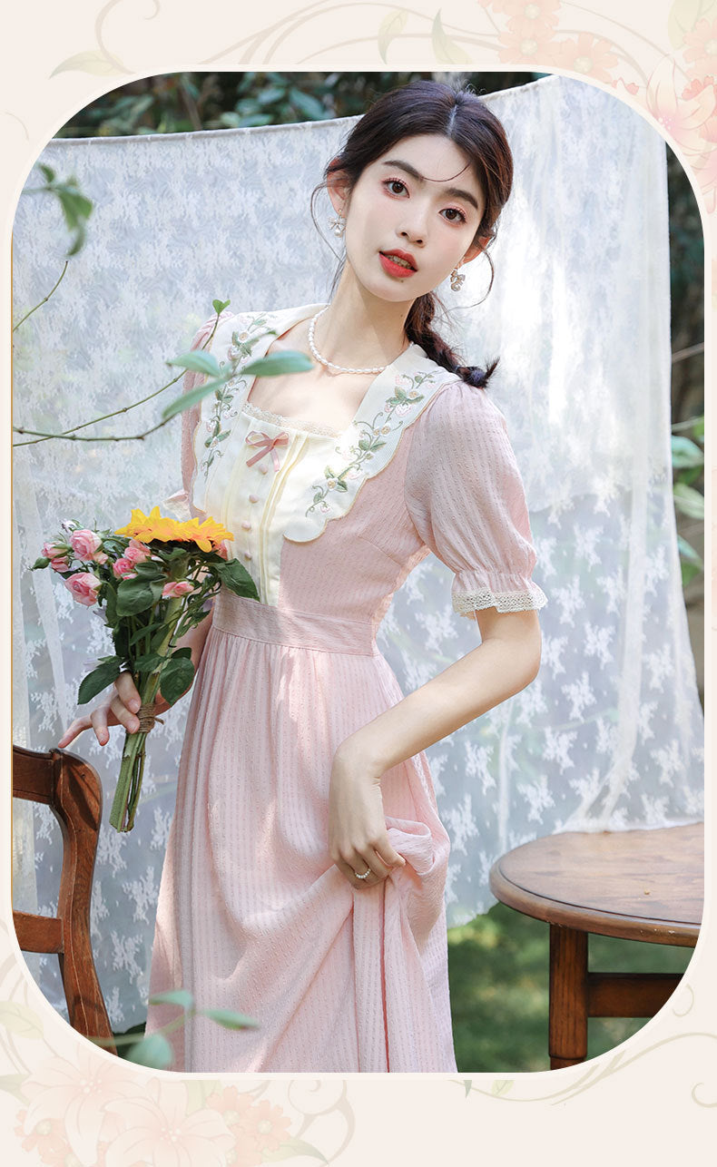 Retro Cottagecore Embroidery Pink Dress