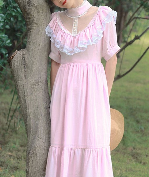 Gunne sax Style Lace Stitched Prairie Dress [Multi-Colors]