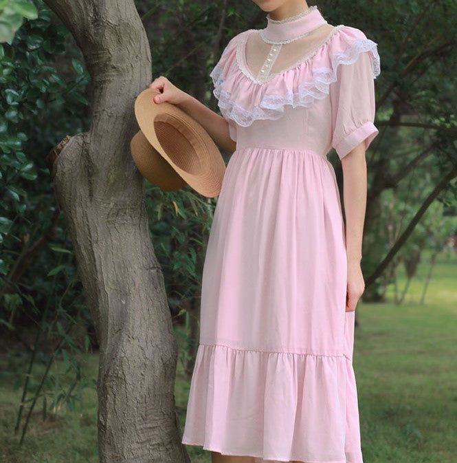 Gunne sax Style Lace Stitched Prairie Dress [Multi-Colors]