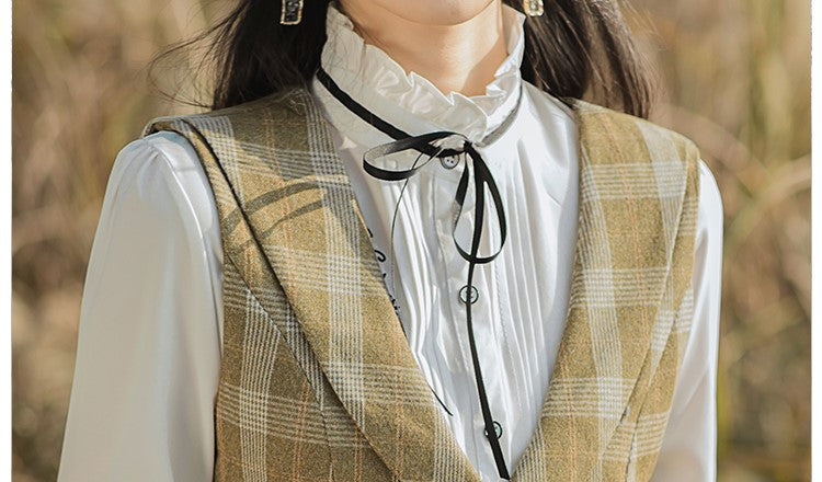 Retro Academia Plaid Blouse Vest Skirt Set