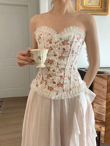 Floral Bow Embroidery Corset Top