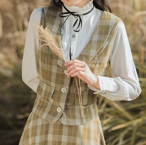 Retro Academia Plaid Blouse Vest Skirt Set – Retro Fairy