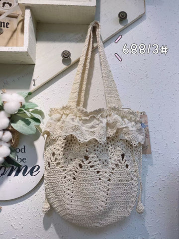 Knit Handbag Velvet Shoulder Bag Womens Crochet Bag Beige 