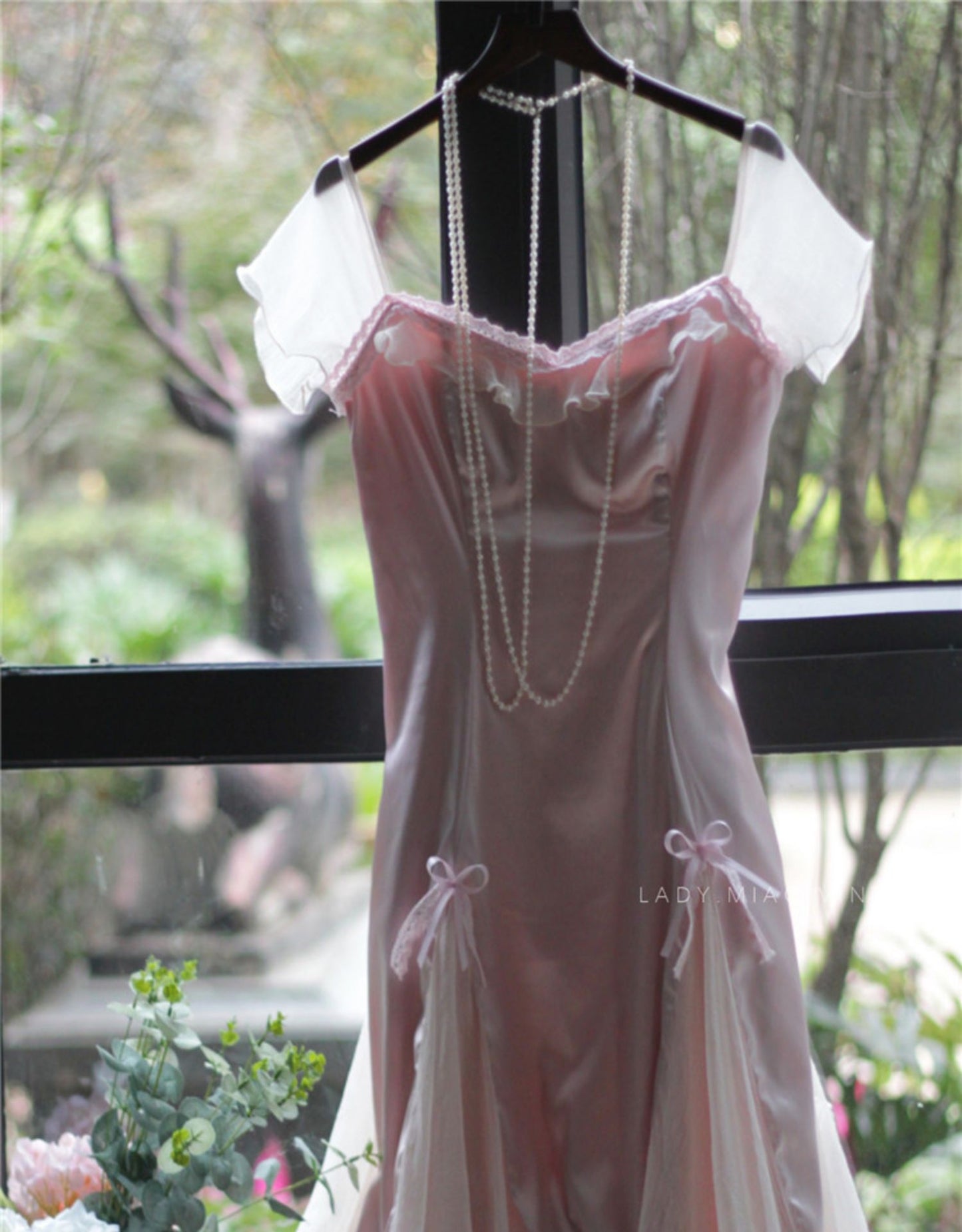 Dreamy Coquette Pink Bow-Stitched Satin Dress