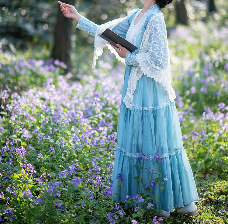 Gunne sax Style 70s Prairie Blue Swing Dress