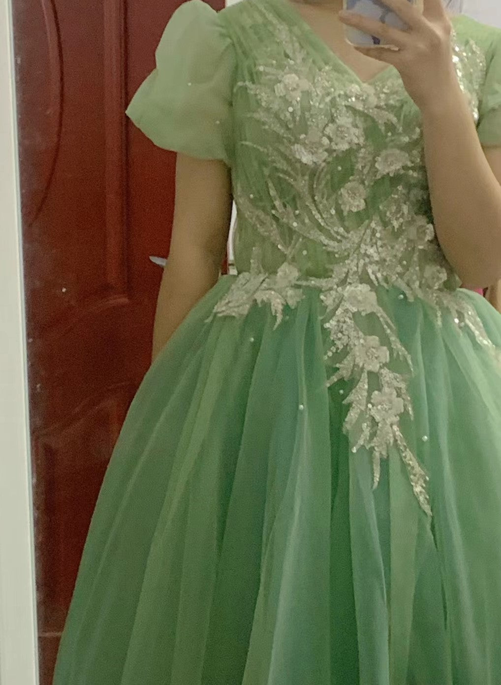 Fairycore V Neck Studded Green Prom Dress