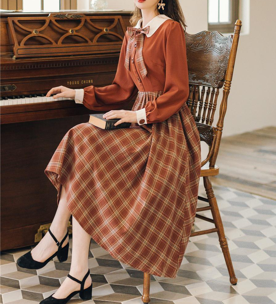 40S Academia Plaid  Bow Tie Vintage Dress