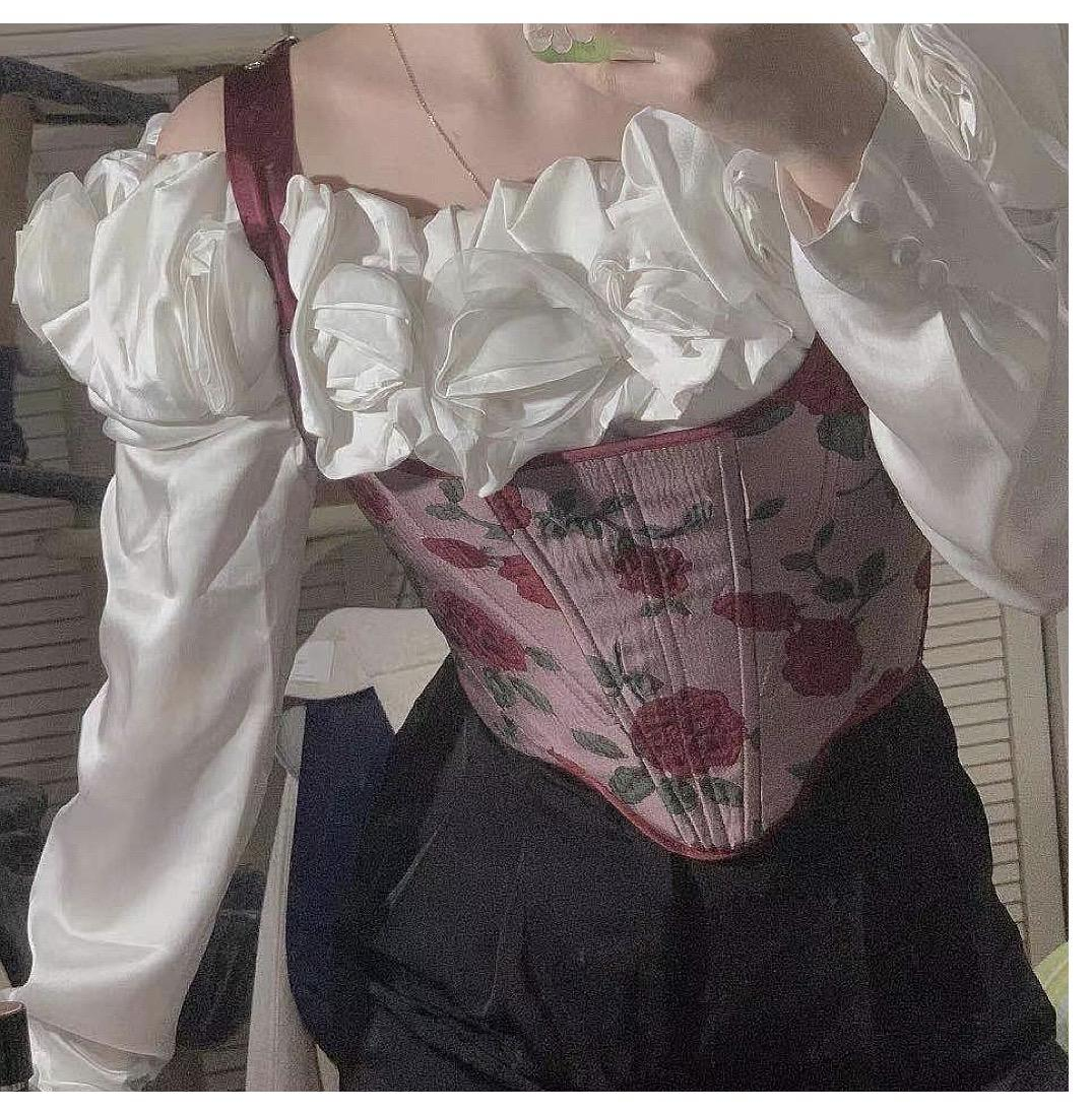 Handmade Retro Floral Jacquard Lace up Corset Top