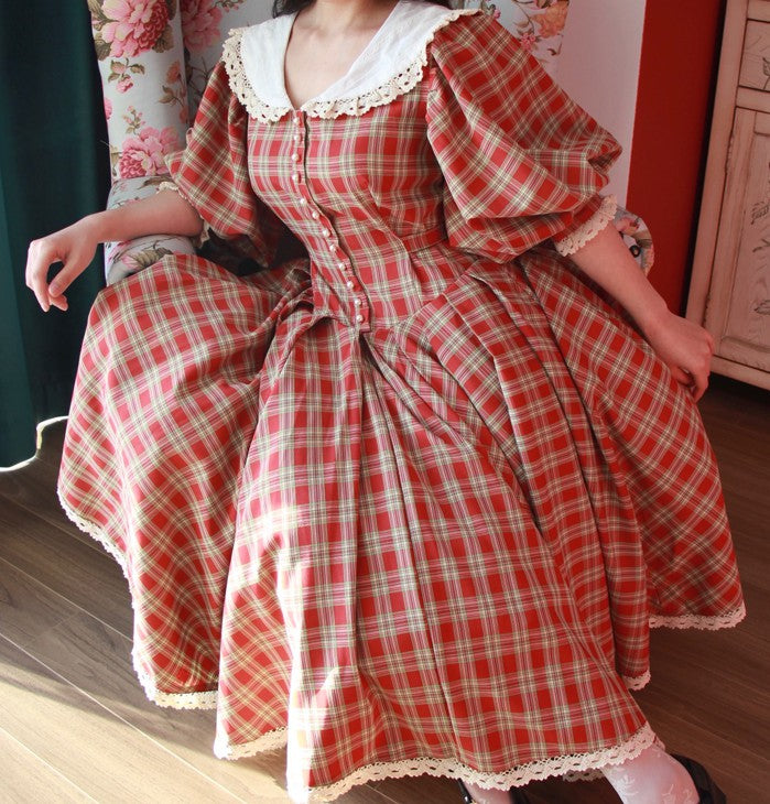 Vintage Plaid Puff Sleeve Tea Dress