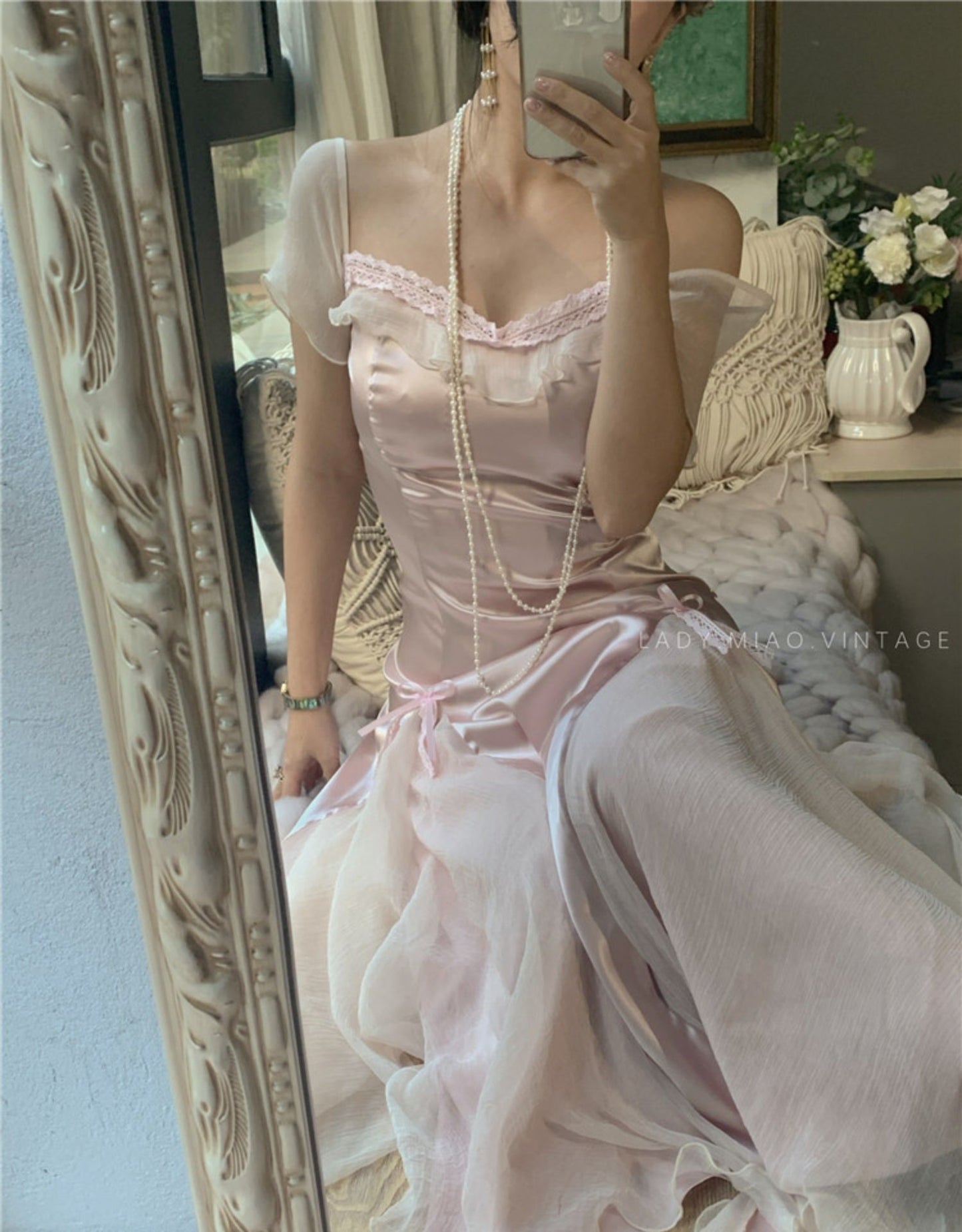 Dreamy Coquette Bow-Stitched Satin Dress