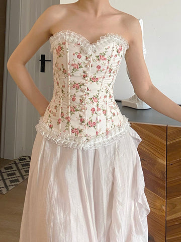 French Lace Up Corset Tops To Wear Out Women's Vintage Floral Corset B - QT  Handmade