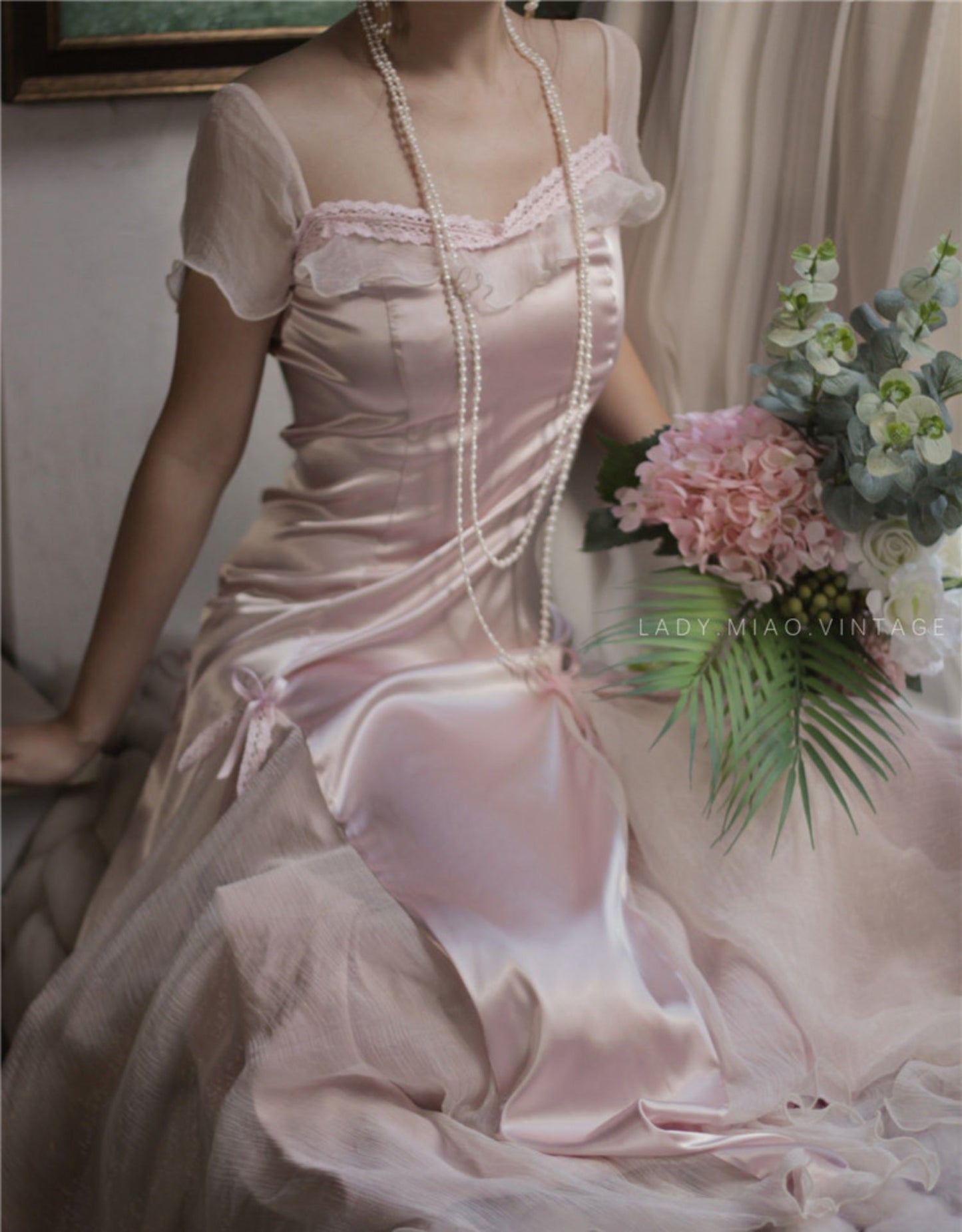 Dreamy Coquette Pink Bow-Stitched Satin Dress