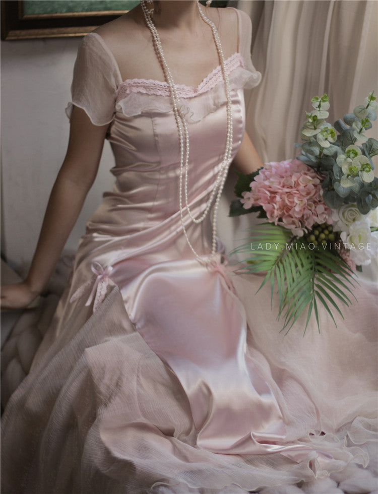 Dreamy Coquette Pink Bow-Stitched Satin Dress