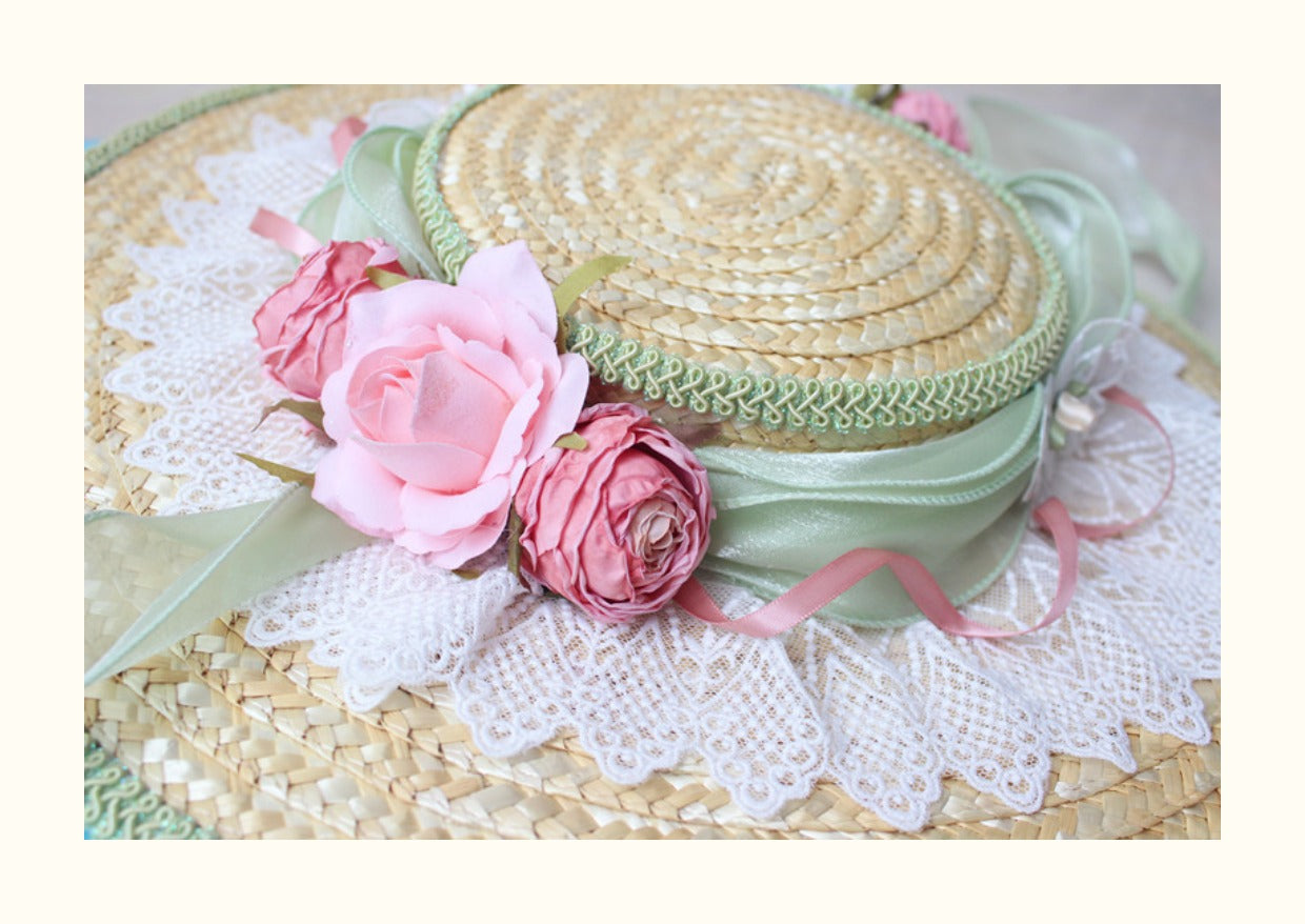 Handmade Vintage Straw Flower Bonnet Straw Hat