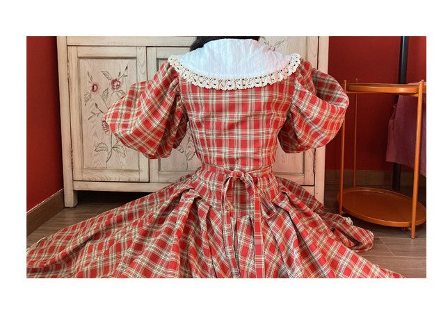 Vintage Plaid Puff Sleeve Tea Dress