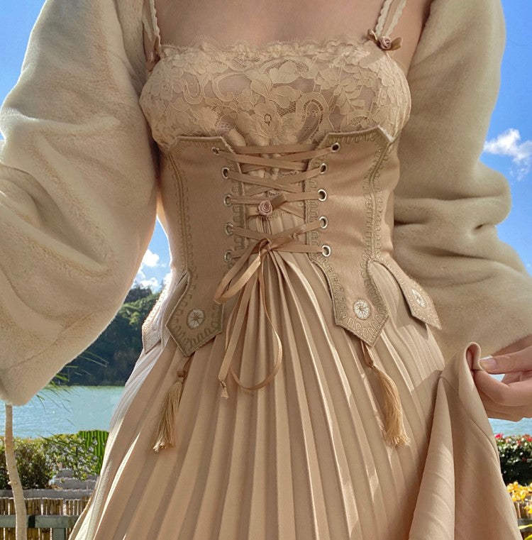 Vintage Fringe Embroidered Morandi Girdle Waistband Dress Set – Retro Fairy