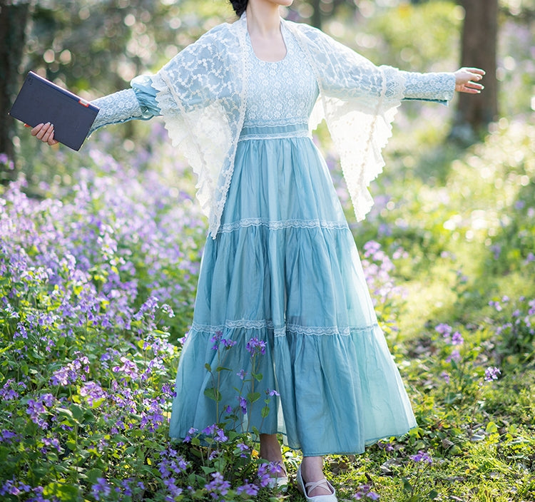 Vintage 1970s Handmade 2024 Gunne Sax Style Blue Cinderella Corset Prairie Dress Dress