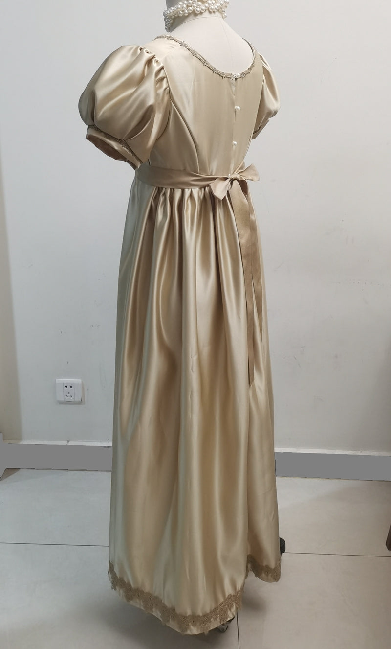 Handmade Custom made Satin Puff Sleeves Regency Dress